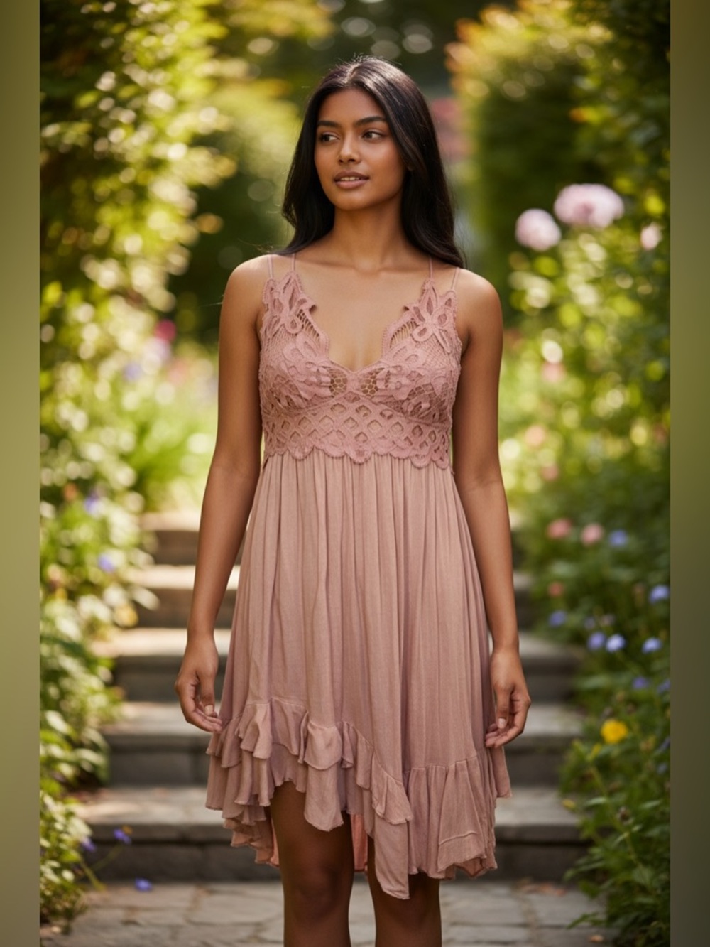 Spaghetti-Strap High-Low Dress in Dusty Rose